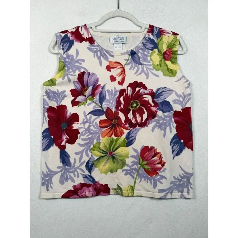 Silk Club Collection Sleeveless Top Silk Blend Floral Knit Tank Women’s Large